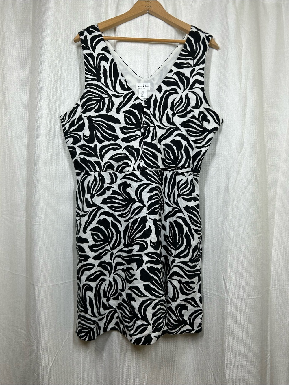 Nicole Miller Sleeveless Black & White Leaf Print Dress Sz Large Linen Blend